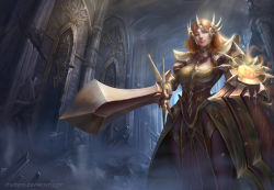 Rule 34 | 1girl, armor, armored dress, backlighting, blue eyes, boobplate, breastplate, breasts, chuby mi, debris, dust, dust cloud, ear protection, foreshortening, gem, glowing, head wings, headpiece, highres, holding, holding sword, holding weapon, indoors, league of legends, leona (league of legends), long hair, looking at viewer, medium breasts, orange hair, pauldrons, pelvic curtain, pillar, pointing, realistic, red hair, ruins, shield, shoulder armor, solo, standing, sunlight, sword, watermark, weapon, web address, wings