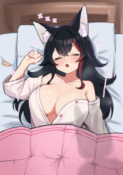 Rule 34 | 1girl, :o, animal ear fluff, animal ears, bed sheet, black hair, blush, breasts, collarbone, commentary request, from above, highres, hololive, kani bonara, large breasts, long hair, long sleeves, multicolored hair, on bed, ookami mio, pillow, red hair, shadow, shirakami fubuki, sleeping, solo, streaked hair, unbuttoned, unbuttoned shirt, unworn hair ornament, virtual youtuber, wolf ears, wolf girl, zzz