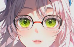 Rule 34 | 1girl, 58 (opal 00 58), black-framed eyewear, chromatic aberration, close-up, colored eyelashes, crystal eye, eyebrows hidden by hair, eyelashes, glasses, goddess of victory: nikke, green eyes, hat, highres, light blush, light smile, lips, looking at viewer, neon (nikke), parted lips, solo, teeth, white hair, white hat