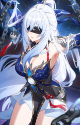 Rule 34 | 1girl, absurdres, armpits, arms up, blindfold, blush, breasts, chain, chinese commentary, commentary request, covered eyes, eyes visible through hair, hair ornament, highres, honkai: star rail, honkai (series), jingliu (honkai: star rail), large breasts, long hair, parted lips, ponytail, solo, sweat, thighs, white hair, wu ganlan cai