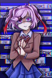 Rule 34 | 1girl, absurdres, artist name, blue skirt, bob cut, breasts, brown jacket, brown sweater vest, chromatic aberration, clenched hand, commentary, constricted pupils, cowboy shot, dialogue box, dirty hands, doki doki literature club, dress shirt, drop shadow, furrowed brow, hair intakes, hair ornament, hair over one eye, hair ribbon, hand on own chest, highres, holding own arm, horrified, horror (theme), imminent death, jacket, jello moons, looking at viewer, natsuki (doki doki literature club), neck ribbon, open clothes, open jacket, parted lips, pink hair, pleated skirt, red ribbon, ribbon, romaji commentary, scared, school uniform, shaded face, shirt, short hair, signature, skirt, small breasts, solo, spoilers, standing, sweater vest, swept bangs, twitter username, two side up, user interface, vomit, white shirt, wide-eyed, x hair ornament