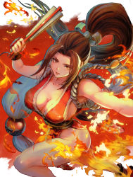 Rule 34 | 1girl, bare shoulders, breasts, brown eyes, brown hair, cleavage, collarbone, commentary request, fatal fury, fire, folded fan, folding fan, hair ornament, hand fan, highres, japanese clothes, large breasts, light smile, lips, long hair, looking at viewer, mitsu plus, ninja, obi, parted bangs, ponytail, revealing clothes, rope, sash, shiranui mai, simple background, sleeveless, smile, the king of fighters, the king of fighters xv, thighs