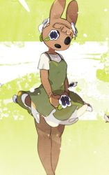 Rule 34 | 1girl, animal crossing, animal ears, black eyes, breasts, brown hair, coco (animal crossing), collarbone, dress, flower, furry, furry female, green background, green dress, hair flower, hair ornament, highres, holding, holding flower, hollow eyes, idkuroi, legs together, nintendo, open mouth, own hands together, pinafore dress, purple flower, rabbit ears, rabbit girl, shirt, short hair, short sleeves, sleeveless, sleeveless dress, small breasts, solo, standing, white shirt