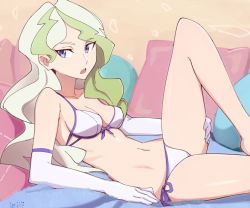 Rule 34 | 1girl, 90millimetri, bikini, blonde hair, blue eyes, breasts, cleavage, collarbone, diana cavendish, elbow gloves, gloves, little witch academia, long hair, looking at viewer, medium breasts, navel, open mouth, pillow, shiny skin, side-tie bikini bottom, solo, swimsuit, white bikini, white gloves