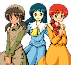 Rule 34 | 3girls, apron, ascot, becky (princess sarah), blue eyes, blue hair, blush, braid, brown hair, ermengarde st. john, long hair, looking at viewer, multiple girls, nippon animation, princess sarah, red hair, ruu (tksymkw), sarah crewe, simple background, smile, twintails, white background, world masterpiece theater