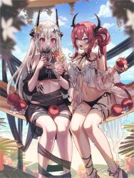 Rule 34 | 2girls, :d, apple, arknights, bikini, black bikini, breasts, cleavage, cup, demon horns, flower, food, fruit, hair flower, hair ornament, highres, holding, holding cup, holding food, holding fruit, holding spoon, horns, ice cream, infection monitor (arknights), large breasts, long hair, material growth, mudrock (arknights), mudrock (silent night) (arknights), multiple girls, navel, official alternate costume, open mouth, oripathy lesion (arknights), pointy ears, purple eyes, red eyes, red hair, sarong, smile, spoon, star (symbol), star hair ornament, surtr (arknights), surtr (colorful wonderland) (arknights), swimsuit, swimsuit cover-up, tanagawa makoto, thigh strap, very long hair, white hair