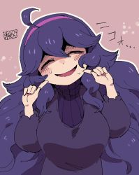 Rule 34 | 1girl, ahoge, alternate breast size, breasts, chichibu (watson), closed eyes, commentary request, creatures (company), fingers to cheeks, game freak, hair between eyes, hairband, hex maniac (pokemon), highres, large breasts, long hair, long sleeves, messy hair, nintendo, open mouth, pokemon, pokemon xy, purple hair, purple hairband, smile, solo, turtleneck, very long hair