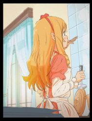 Rule 34 | 10s, 1girl, apron, back, blush, cooking, curtains, dress, eromanga sensei, from side, hairband, highres, indoors, kitchen, ladle, long hair, overalls, plate, pot, puffy sleeves, red ribbon, ribbon, solo, table, tasting, window, yamada elf
