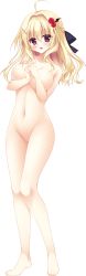 Rule 34 | 1girl, absurdres, ahoge, barefoot, blonde hair, blush, braid, breasts, completely nude, copyright request, flower, full body, hair flower, hair intakes, hair ornament, hair ribbon, highres, large breasts, matsumiya kiseri, nude, open mouth, own hands together, pussy, ribbon, solo, standing, transparent background, x hair ornament