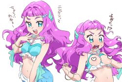 Rule 34 | 1girl, :d, blue eyes, blush, bracelet, breasts, censored, commentary request, fins, head fins, heart, heart censor, jewelry, knhrpnkt, laura (precure), long hair, looking at viewer, medium breasts, mermaid, midriff, monster girl, multiple views, navel, open mouth, pink hair, precure, simple background, smile, teeth, translation request, tropical-rouge! precure, upper teeth only, white background