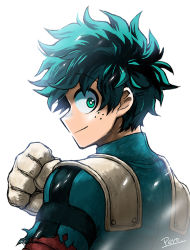 Rule 34 | 1boy, artist name, bodysuit, boku no hero academia, clenched hand, closed mouth, freckles, from behind, gloves, green bodysuit, green eyes, green hair, grey background, hand up, looking at viewer, looking back, male focus, messy hair, midoriya izuku, pero (pero56870578), profile, short hair, simple background, smile, solo, upper body, white background