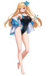 Rule 34 | 1girl, absurdres, barefoot, black choker, black one-piece swimsuit, blonde hair, blue eyes, blue jacket, blue ribbon, bottle, breasts, choker, commentary request, competition swimsuit, full body, hair ribbon, hand on own hip, highres, holding, holding bottle, jacket, large breasts, lina (michihasu), long hair, michihasu, one-piece swimsuit, original, ribbon, simple background, solo, swimsuit, toes, water bottle, wet, wet clothes, wet swimsuit, white background