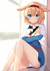 Rule 34 | 2girls, :&lt;, alice margatroid, animal ears, bad id, bad pixiv id, bare legs, barefoot, black headwear, blonde hair, blue dress, blue eyes, blush, bow, capelet, dress, feet out of frame, hair between eyes, hairband, hat, hat bow, highres, kemonomimi mode, kirisame marisa, knees together feet apart, knees up, lolita hairband, long sleeves, looking at viewer, mini person, minigirl, multiple girls, panties, pantyshot, rabbit ears, red hairband, red sash, sash, shinonome asu, short dress, short hair, sitting, sleeves past wrists, thighs, touhou, underwear, white bow, white capelet, white panties, witch hat
