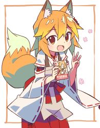 Rule 34 | 1girl, :d, animal ear fluff, animal ears, brown eyes, commentary request, cowboy shot, fang, fox ears, fox girl, fox tail, hand gesture, highres, japanese clothes, long sleeves, looking at viewer, manga (object), middle w, miko, open mouth, orange hair, ribbon-trimmed sleeves, ribbon trim, roku no hito, senko (sewayaki kitsune no senko-san), sewayaki kitsune no senko-san, short hair, smile, solo, tail, white background, wide sleeves