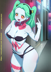 Rule 34 | 1girl, ass, bikini, black bikini, black panties, bokuman, breasts, colored sclera, cyberpunk (series), cyberpunk edgerunners, green hair, hetero, huge ass, leg tattoo, long hair, long sleeves, looking at another, looking at viewer, mechanical hands, medium breasts, middle finger, navel, neck tattoo, oversized forearms, oversized limbs, panties, phone, pink tattoo, rebecca (cyberpunk), red eyes, red sclera, revealing clothes, small breasts, smile, stomach tattoo, swimsuit, tattoo, thighs, thong, thong bikini, twintails, underwear, wide hips