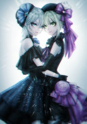 Rule 34 | 10s, 2girls, anastasia (idolmaster), ascot, bare shoulders, beret, black dress, black gloves, blonde hair, blue eyes, blunt bangs, bow, breast press, choker, chromatic aberration, commentary request, cowboy shot, dress, elbow gloves, gem, gloves, gothic lolita, green eyes, grey background, group name, hair between eyes, hair bow, hair ornament, hat, heads together, heart, highres, hug, idolmaster, idolmaster cinderella girls, lolita fashion, looking at viewer, looking to the side, miyamoto frederica, multiple girls, off shoulder, ohagi (ymnky), pale skin, parted lips, project krone, purple bow, short hair, silver hair, simple background, smile, symmetrical docking, wide-eyed