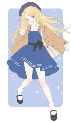 Rule 34 | 1girl, alternate costume, bad id, bad twitter id, bag, beret, black footwear, blonde hair, blue background, blue dress, blue eyes, blue hat, border, brown coat, coat, commentary request, dress, full body, hat, highres, index finger raised, jervis (kancolle), kantai collection, looking at viewer, mary janes, open mouth, shiosoda, shoes, smile, socks, solo, white border, white socks