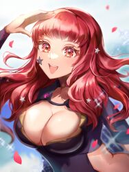 1girl arm_up breasts cleavage commentary_request facial_mark fire_emblem fire_emblem_engage highres large_breasts nintendo red_eyes red_hair solo star_(symbol) upper_body youhei_choregi yunaka_(fire_emblem)