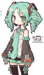 Rule 34 | 7010, :&lt;, adapted costume, alternate hairstyle, blush, cowboy shot, detached sleeves, drill hair, hatsune miku, lowres, oekaki, simple background, solo, thighhighs, twintails, vocaloid, white background, zettai ryouiki