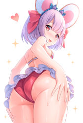 Rule 34 | 1girl, animal ears, ass, back, bare shoulders, bikini, blush, breasts, fake animal ears, granblue fantasy, highres, looking at viewer, looking back, mouse ears, open mouth, pink bikini, red eyes, short hair, simple background, small breasts, smile, sparkle, star-shaped eyewear, star (symbol), swimsuit, thighs, tomo (tmtm mf mf), vikala (blooming summer wallflower) (granblue fantasy), vikala (granblue fantasy), white background, white hair
