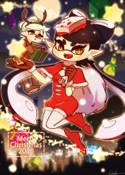 Rule 34 | + +, 2girls, adapted costume, animal costume, ankle boots, antlers, black hair, blurry, blurry background, boots, breasts, brown eyes, brown gloves, callie (splatoon), capelet, carrying over shoulder, cleavage, commentary, coula cat, cousins, dated, earrings, english text, fake antlers, fangs, food, food on head, frown, gift, gloves, grey hair, highres, holding, holding gift, horns, inkling, jewelry, jumping, jumpsuit, light particles, long hair, looking at another, looking at viewer, marie (splatoon), merry christmas, mole, mole under eye, moon, multiple girls, night, night sky, nintendo, object on head, open mouth, parted lips, pointy ears, red capelet, red footwear, red jumpsuit, red nose, reindeer antlers, reindeer costume, sack, santa costume, short hair, short jumpsuit, sky, small breasts, smile, sparkle, splatoon (series), star (sky), starry sky, very long hair