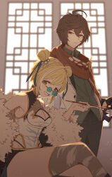 Rule 34 | 1boy, 1girl, ahoge, armpits, backlighting, bare shoulders, bishounen, black pants, black shorts, blonde hair, breasts, brown eyes, brown hair, chinese clothes, cleavage cutout, clothing cutout, coat, commentary, commentary request, cowboy shot, djeeta (granblue fantasy), double bun, fur-trimmed coat, fur trim, granblue fantasy, grin, hair between eyes, hair bun, hair intakes, hair ornament, hand up, highres, hip vent, holding, holding smoking pipe, light frown, light particles, looking at viewer, medium breasts, p okate, pants, red eyes, red scarf, round eyewear, sandalphon (granblue fantasy), sandalphon (primarch afterhours) (granblue fantasy), scarf, short hair, shorts, silverroar&#039;s swiftclaw (granblue fantasy), sitting, smile, smoking pipe, thighhighs, thong