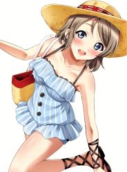Rule 34 | 1girl, :d, absurdres, bag, blue eyes, blush, breasts, brown hair, cleavage, collar, cross-laced footwear, handbag, hat, highres, leaning to the side, leg up, looking at viewer, love live!, love live! school idol festival, love live! sunshine!!, medium breasts, open mouth, sandals, sankuro (agoitei), scan, short hair, shoulder bag, simple background, smile, solo, straw hat, sun hat, swept bangs, watanabe you, white background