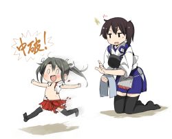 Rule 34 | ^^^, 10s, 2girls, age difference, brown hair, japanese clothes, kaga (kancolle), kantai collection, long hair, motion blur, multiple girls, myama, pleated skirt, running, short hair, side ponytail, skirt, thighhighs, torn clothes, torn skirt, twintails, white background, aged down, zettai ryouiki, zuikaku (kancolle)