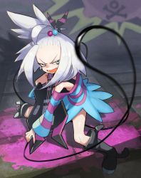 Rule 34 | bass guitar, black undershirt, blue eyes, boots, creatures (company), dress, forehead, freckles, game freak, hair bobbles, hair ornament, highres, instrument, legs, looking at viewer, nintendo, oversized clothes, peiroke, perspective, pokemon, pokemon bw2, roxie (pokemon), solo, splatter, stage, standing, strapless, strapless dress, striped clothes, striped dress, topknot, white hair, wire