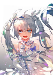 Rule 34 | 1girl, absurdres, ahoge, artist name, bare shoulders, blue bow, blue eyes, bow, commentary request, dress, elbow gloves, gloves, gradient background, grey background, grey hair, hair between eyes, hair ribbon, hatsune miku, highres, holding, holding microphone, koi han, long hair, microphone, microphone stand, open mouth, ribbon, sleeveless, sleeveless dress, solo, twintails, very long hair, vocaloid, white background, white dress, white gloves, white ribbon