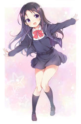 Rule 34 | 10s, 1girl, :d, black hair, black socks, blush, bow, charlotte (anime), chiyingzai, fang, gradient background, hair ornament, highres, kneehighs, loafers, long hair, open mouth, otosaka ayumi, outstretched arms, purple eyes, school uniform, shoes, skirt, smile, socks, solo, spread arms