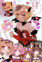 Rule 34 | 5girls, :o, alternate costume, animal ears, arm belt, bad id, bad pixiv id, bare shoulders, black nails, blonde hair, blush, bow, bowtie, breasts, brown eyes, character request, chibi, chokiyurui (show by rock!!), citti (show by rock!!), cleavage, comic, fang, fingernails, hair bow, hair ornament, hairclip, hand up, heart, hello kitty, hello kitty (character), horns, laina (show by rock!!), light brown hair, long hair, mamaloni, medium breasts, multiple girls, my melody, nail polish, onegai my melody, open mouth, pink hair, purple eyes, purple nails, red eyes, sanrio, show by rock!!, sweatdrop, tears, translation request, twitter username, wide-eyed, wings, x hair ornament, yellow neckwear