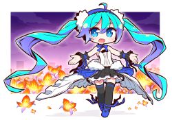 Rule 34 | 1girl, 7th dragon (series), 7th dragon 2020, :d, ahoge, bare shoulders, black skirt, black thighhighs, blue eyes, blue footwear, blue hair, blue hairband, blue ribbon, blush, chibi, commentary request, floro (7th dragon), flower, full body, hair between eyes, hairband, hatsune miku, highres, long hair, naga u, open mouth, pleated skirt, ribbon, shirt, shoes, sidelocks, skirt, smile, solo, strapless, teeth, thighhighs, twintails, upper teeth only, very long hair, vocaloid, white shirt, wrist cuffs, yellow flower
