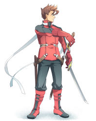 Rule 34 | 00s, 1boy, aged up, belt, black eyes, boots, brown hair, full body, gloves, gradient background, highres, hpa (foolish factory), lloyd irving, male focus, pants, profile, red gloves, ribbon, shoes, short hair, solo, spiked hair, standing, sword, tales of (series), tales of symphonia, weapon, white background