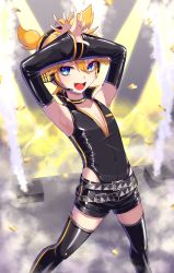 Rule 34 | 1boy, armpits, aroeruji3, belt, blonde hair, blue eyes, fang, headset, highres, kagamine len, leg warmers, looking at viewer, male focus, open mouth, punkish (module), shiny clothes, short shorts, shorts, skin tight, solo, thighhighs, vocaloid