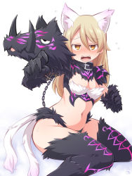 Rule 34 | 1girl, agrius metamorphosis, animal ears, atalanta (fate), atalanta alter (fate), atalanta alter (fate) (cosplay), bad id, bad pixiv id, black collar, blush, breasts, brown eyes, cleavage, collar, commentary request, cosplay, fate/apocrypha, fate (series), flying sweatdrops, hair between eyes, idolmaster, idolmaster cinderella girls, light brown hair, long hair, looking at viewer, morikubo nono, multiple tails, navel, nose blush, open mouth, revealing clothes, sitting, solo, sweat, tail, two tails, uccow, very long hair, white background, wolf ears
