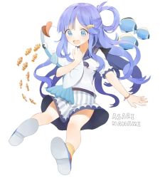 Rule 34 | 10s, 1girl, :d, asari nanami, bad id, bad twitter id, bead bracelet, beads, blue eyes, blue footwear, blue hair, bracelet, character name, clownfish, eyebrows, fish, fish-shaped pillow, fish hair ornament, full body, hair ornament, idolmaster, idolmaster cinderella girls, jewelry, long hair, matching hair/eyes, misha (hoongju), open mouth, shirt, shoes, short sleeves, simple background, skirt, smile, soles, solo, striped clothes, striped skirt, surgeonfish, tropical fish, white background, white shirt