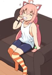 Rule 34 | 1girl, ^ ^, ahoge, animal ear fluff, animal ears, arm support, asymmetrical legwear, bare arms, bare shoulders, bike shorts, black shorts, blush, cat ears, closed eyes, closed mouth, collarbone, commentary request, couch, facing viewer, food, food in mouth, hair between eyes, hair bobbles, hair ornament, highres, hinata channel, holding, holding food, long hair, low twintails, mismatched legwear, mitchi, nekomiya hinata, no shoes, orange thighhighs, pink hair, popsicle, shirt, short shorts, shorts, simple background, sitting, solo, sparkle, striped clothes, striped thighhighs, tank top, thighhighs, twintails, very long hair, virtual youtuber, white background, white shirt, wooden floor