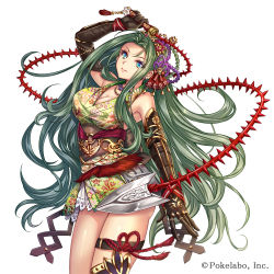 Rule 34 | 1girl, arm up, ass, bare shoulders, belt, blade, blue eyes, breasts, cleavage, company name, cowboy shot, elbow gloves, eyes visible through hair, floral print, flower, gloves, green hair, hair ornament, holding, holding weapon, japanese clothes, jewelry, kimono, large breasts, long hair, looking at viewer, madogawa, multicolored eyes, necklace, obi, official art, ribbon, rope, sash, sengoku gensoukyoku, short kimono, simple background, sleeveless, smile, solo, spikes, tassel, underbust, very long hair, wavy hair, weapon, whip, white background