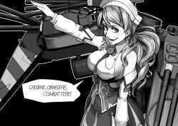 Rule 34 | 10s, 1girl, anchor, arm up, armor, bare shoulders, breasts, cannon, corset, detached sleeves, female focus, greyscale, headdress, italian text, kantai collection, kirisaki akihito, large breasts, littorio (kancolle), long hair, machinery, monochrome, necktie, salute, sideboob, solo, straight-arm salute, translated, wavy hair