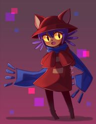Rule 34 | :d, animal hat, blue scarf, blush, brown eyes, brown hair, colored sclera, commentary request, fangs, full body, gradient background, hair between eyes, hat, head tilt, looking at viewer, niko (oneshot), oneshot (game), open mouth, other focus, purple hair, scarf, shadow, short hair, signature, sleeves past wrists, slit pupils, smile, solo, standing, wg., yellow sclera