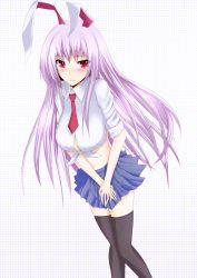 Rule 34 | 1girl, animal ears, bad id, bad pixiv id, blush, breasts, rabbit ears, cleavage, female focus, front-tie top, highres, kagami-c, long hair, midriff, miniskirt, purple hair, red eyes, reisen udongein inaba, skirt, sleeves rolled up, solo, tears, thighhighs, touhou, ume itoguchi retto, umeo retto, zettai ryouiki