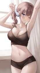 Rule 34 | 1girl, armpits, arms up, bare arms, bare shoulders, black camisole, black shorts, blue eyes, breasts, brown hair, camisole, cleavage, cowboy shot, crop top, groin, hair ornament, hair scrunchie, highres, indoors, large breasts, looking at viewer, medium hair, mochizuki honami, navel, o cha (seyc3447), one eye closed, parted lips, project sekai, scrunchie, short shorts, shorts, side ponytail, sidelocks, solo, spaghetti strap, stomach, thighs, white scrunchie, window