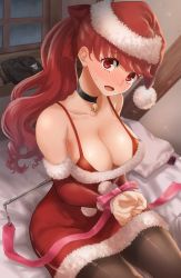 Rule 34 | 1girl, bdsm, bell, blush, bondage, bound, bound wrists, bow, bra, breasts, choker, christmas, cleavage, commentary request, dress, elbow gloves, embarrassed, flustered, from above, fur trim, gift, gloves, gymnastics ribbon, hair bow, hair ribbon, hat, highres, kurosususu, large breasts, looking at viewer, miniskirt, neck bell, on bed, persona, persona 5, persona 5 the royal, ponytail, red dress, red eyes, red hair, red ribbon, red skirt, ribbon, santa costume, santa dress, santa gloves, santa hat, short dress, sitting, skirt, solo, sweatdrop, thighhighs, underwear, yoshizawa kasumi