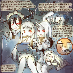 Rule 34 | 10s, 5girls, abyssal ship, airfield princess, battleship princess, black hair, blush, claws, dated, dress, closed eyes, flying sweatdrops, hat, horns, kantai collection, kirisawa juuzou, long hair, multiple girls, northern ocean princess, numbered, open mouth, red eyes, ribbed dress, seaport princess, single horn, sleeping, television, translation request, twitter username, white dress, white hair, white theme, wo-class aircraft carrier