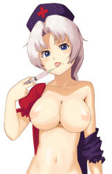 Rule 34 | 1girl, bad deviantart id, bad id, blue eyes, breasts, female focus, hat, highres, kujou natsume, large breasts, long hair, midriff, navel, nipples, nurse cap, off shoulder, open clothes, puffy sleeves, short sleeves, silver hair, simple background, smile, solo, syringe, tongue, tongue out, touhou, upper body, white background, yagokoro eirin