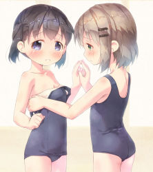 Rule 34 | 10s, 2girls, bare arms, bare shoulders, black hair, black one-piece swimsuit, blush, breasts, brown hair, cleavage, clothes pull, collarbone, commentary request, green eyes, hair ornament, hairclip, hand up, holding hands, kuraue hinata, multiple girls, one-piece swimsuit, one-piece swimsuit pull, parted lips, pu-en, pulling another&#039;s clothes, purple eyes, short hair, sidelocks, small breasts, standing, swimsuit, twintails, yama no susume, yukimura aoi, yuri