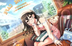 Rule 34 | 1girl, brown hair, building, cafe, cup, game cg, glasses, hat, idolmaster, idolmaster cinderella girls, idolmaster cinderella girls starlight stage, jewelry, nail polish, necklace, official art, pillow, plate, sitting, solo, sunazuka akira, teacup, window