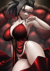 Rule 34 | 1girl, alternate costume, arm up, armpits, bed sheet, black eyes, black hair, boku no hero academia, breasts, cameltoe, closed mouth, commentary request, highres, huge breasts, indoors, looking at viewer, max (maxlikeapicture), nightgown, panties, ponytail, red panties, red sheet, solo, underwear, yaoyorozu momo