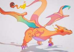 Rule 34 | charizard, claws, closed mouth, commentary request, creatures (company), fang, fire, fire, flame-tipped tail, game freak, gen 1 pokemon, highres, holding, life orb, nintendo, no humans, poke ball, poke ball (basic), pokemon, pokemon (creature), saiku (zvlku), smile, solo, wings